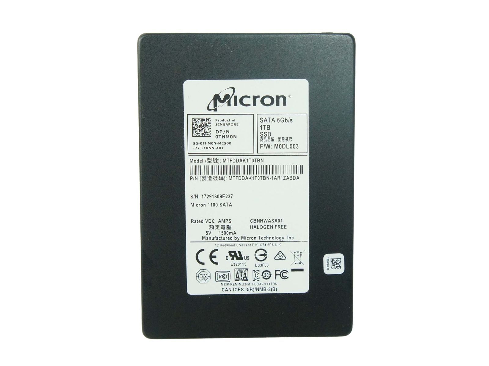 Micron 1100 1TB SATA 6Gb/s 2.5インチ SSD 内蔵ソリッドステートドライブ MTFDDAK1T0TBNモデル