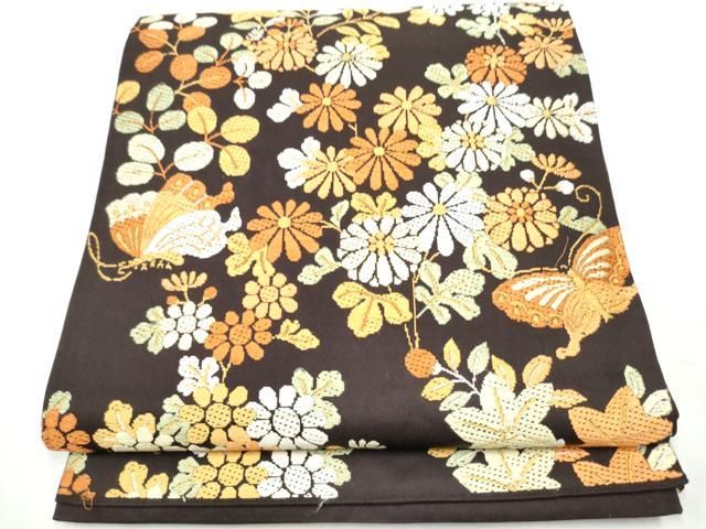 平和屋着物●六通柄袋帯　唐織　花蝶文　正絹　逸品　CABF8717hy