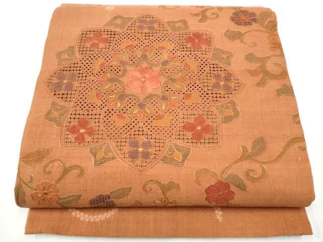 平和屋着物●中国三大刺繍　スワトウ相良刺繍　六通柄袋帯　紬地　絞り　花唐草文　正絹　逸品　CABF8720hy