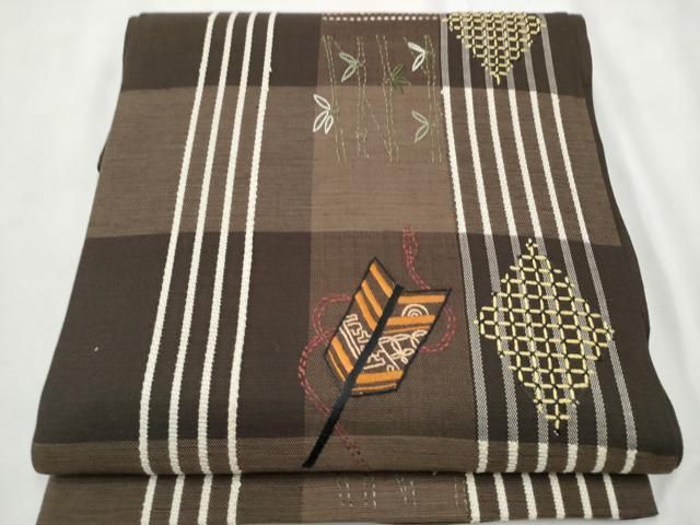 平和屋着物●六通柄袋帯　紬地　刺し子　矢羽市松笹竹文　正絹　逸品　CABF8725hy