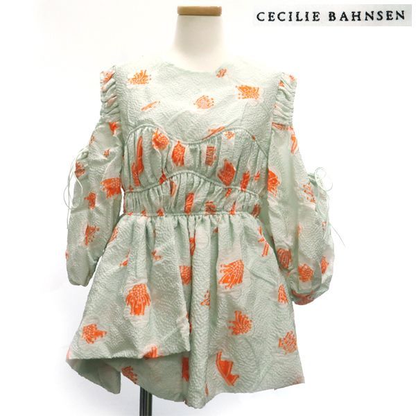 Cecilie Bahnsen パフスリーブ ブラウス 22SS FENTON TOP ギャザー UK8 ミントグリーン シルク混 ジャガード トップス 6521-343-1007 セシリーバンセン CECILIE BAHNSEN ◆送料込◆質屋-11979