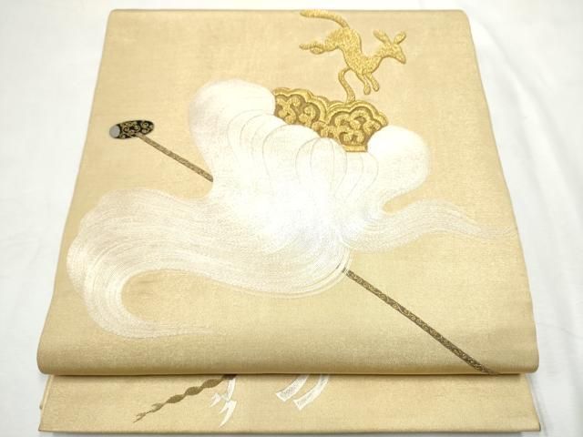 平和屋着物●太鼓柄袋帯　総刺繍　動物器物文　金糸　正絹　逸品　CABF8739hy