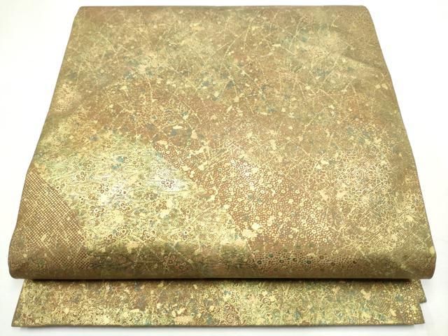 平和屋着物●伝統工芸品　伊那紬　手織り　全通柄袋帯　霞舞花文　金彩　引箔　正絹　逸品　CABF8740hy