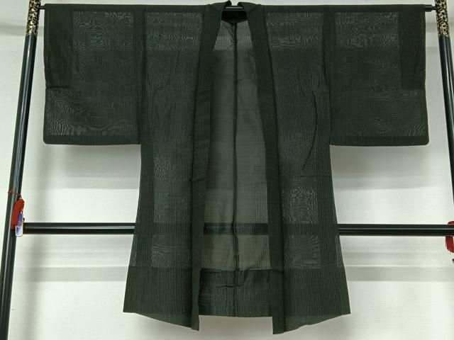 平和屋着物▽男性　長羽織　スリーシーズン　春夏秋　塵除け　縞　黒地　正絹　逸品　AABI4586jh