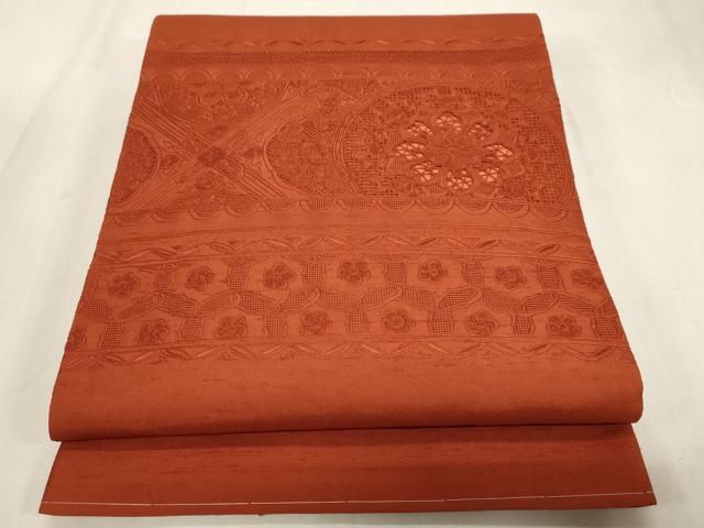 平和屋着物●中国三大刺繍　スワトウ刺繍　相良刺繍　総刺繍　太鼓柄袋帯　正倉院花文　樺色　正絹　逸品　CABG2842dy