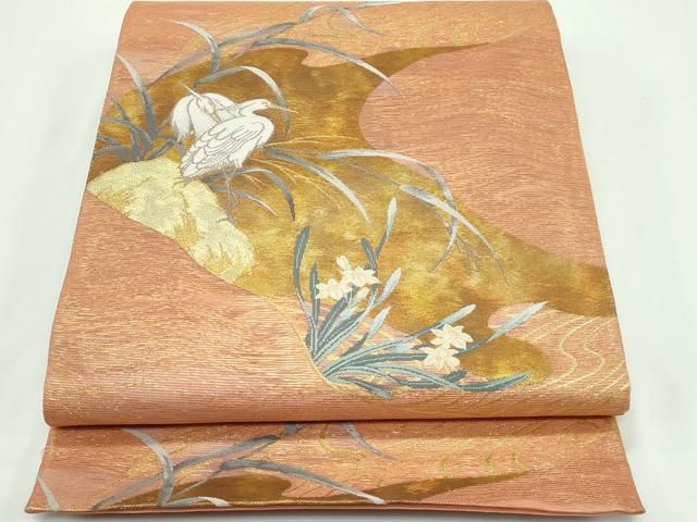 平和屋着物＊夏物　六通柄袋帯　白鷺　金糸　正絹　逸品　CABF4624rv