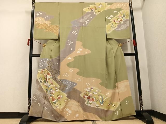 平和屋着物●訪問着　友禅　絞り　草花文　金彩　正絹　逸品　AABI4814ph