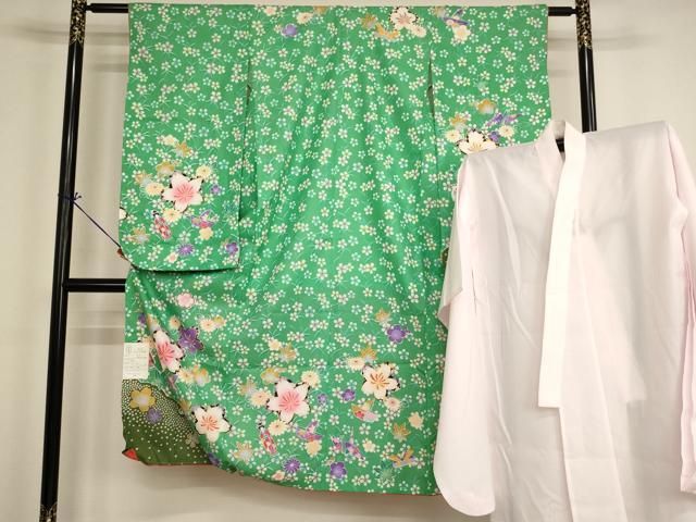 平和屋着物[]七五三　女の子　７歳　祝着　四つ身　長襦袢（単衣）セット　草花文　折り紙　未使用　AABH2999ja