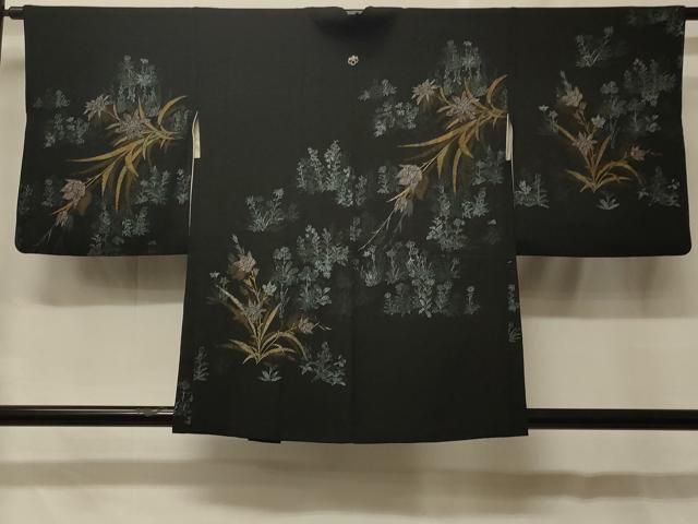 平和屋着物＃羽織　寿光織　草花文　黒地　金銀糸　正絹　逸品　CABF8958in