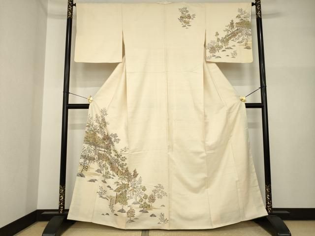 平和屋着物●訪問着　摺り型友禅　紬地　風景文　金彩　正絹　逸品　AABI4520ck
