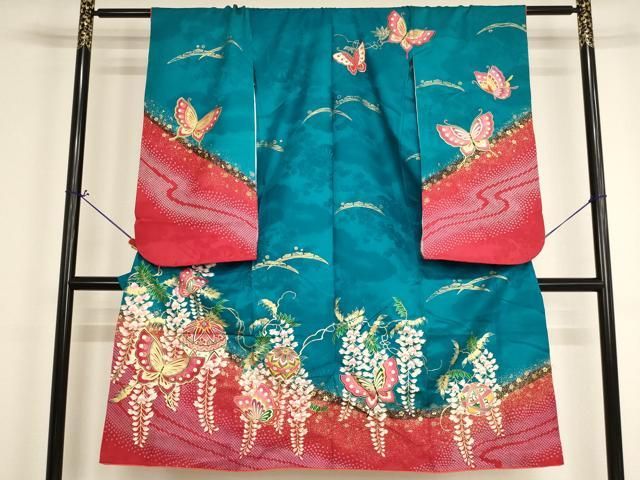 平和屋着物[]七五三　女の子　７歳　祝着　四つ身　手毬花蝶文　藤花房　金彩　逸品　AABI2659ja