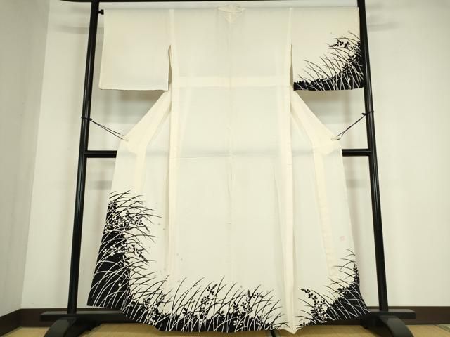 平和屋着物▽訪問着　単衣　作家物　草花シルエット　金銀彩　正絹　逸品　DABE4514az