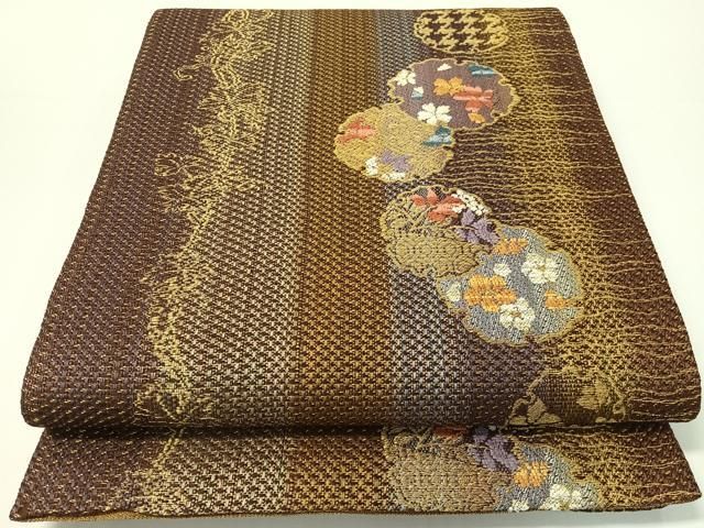 平和屋着物▽両面　全通柄袋帯　スリーシーズン　春夏秋　雪輪花蝶文　金糸　正絹　逸品　CABG1849vp