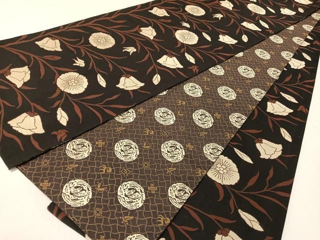 平和屋着物●両面　全通柄袋帯　草花文　黒地　正絹　逸品　CABG1908vp
