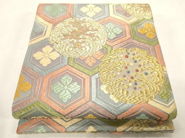 平和屋着物●唐織・西陣の老舗・名門・藤原織物　六通柄袋帯　唐織　亀甲花文　金糸　正絹　逸品　CABG2873dy