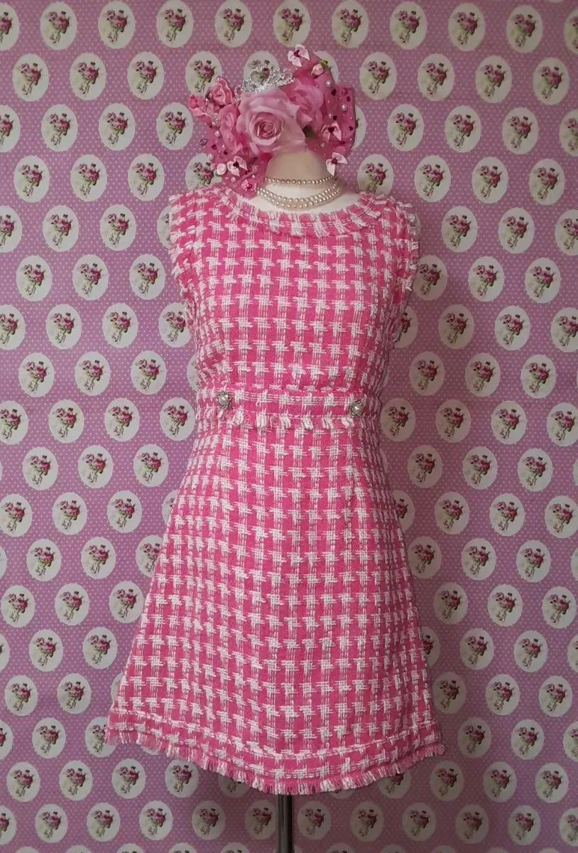 エミリアウィズ パールボタン デザインテープ ノースリーブ ツイード ONE PIECE CANDY PINK