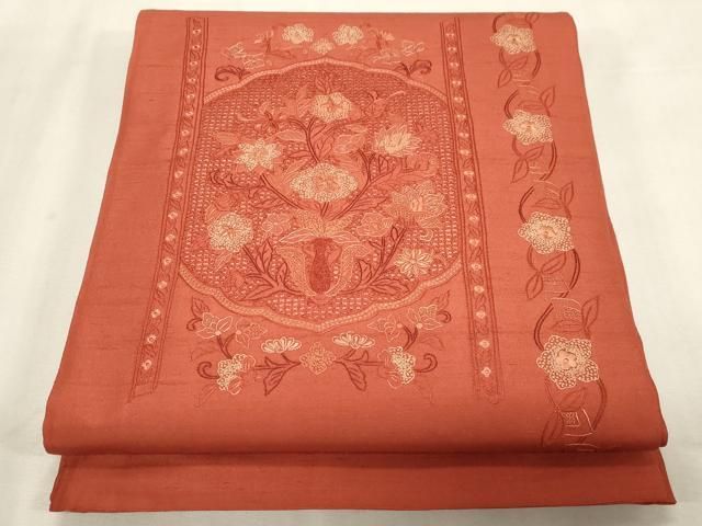 平和屋着物●中国三大刺繍　スワトウ刺繍　相良刺繍　総刺繍　太鼓柄袋帯　草花文　正絹　逸品　未使用　CABG3044dy