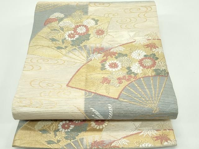 平和屋着物＊夏物　六通柄袋帯　絽綴れ　網代木　市松扇面秋草文　金糸　正絹　逸品　CABF4752rv