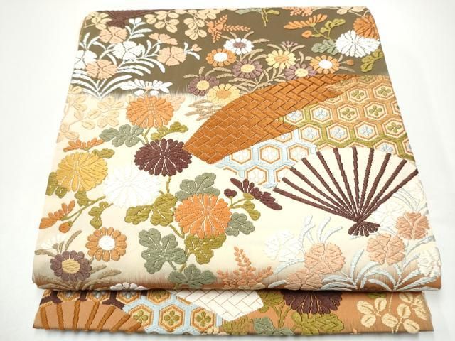 平和屋着物●西陣　河合美術織物謹製　六通柄袋帯　扇面吉祥花文　金糸　正絹　逸品　CABG6184hy
