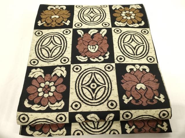平和屋着物●六通柄袋帯 格子花文 正絹 逸品 CABG3183dy