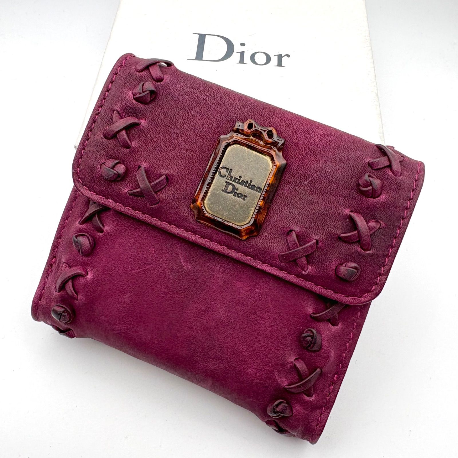 美品◎Christian Dior クリスチャンディオール エスニックライン レザー コンパクトウォレット 三つ折り財布 レザー ピンク系