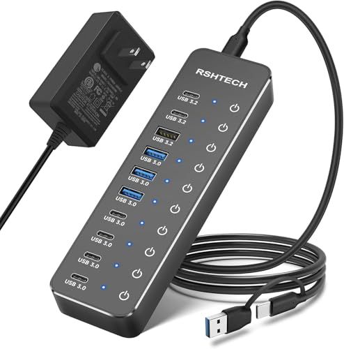 USBハブ 電源付き 10ポート拡張 USB-C×6・USB-A×4 高速データ転送 セルフパワー/バスパワー USB Hub 12V/5A 60W ACアダプタ 独立個別スイッチ アルミニウム合金製 Type-C変換アダプタ付き(ST10C 4f5a4b1a