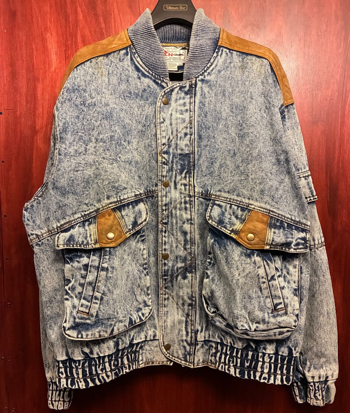MADE IN MACAO製 80s~90s IN CROWD by Celebration ラムレザーコンビ デニムジャケット インディゴ×ブラウン Lサイズ
