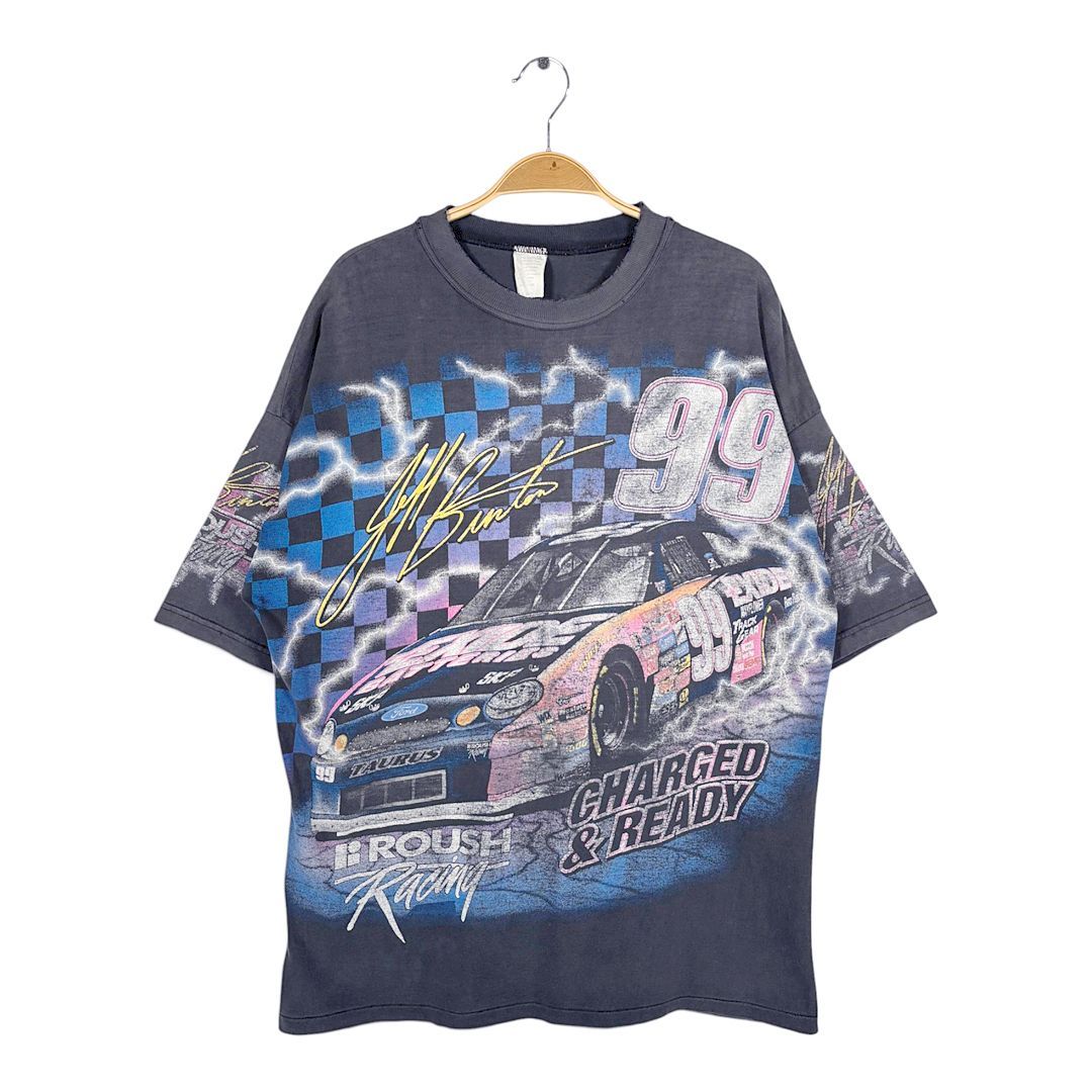 90s ナスカー 雰囲気系 USA製 ヴィンテージ Tシャツ 大判プリント フェードブラック ジェフバートン サイズXL 古着 BZ0559