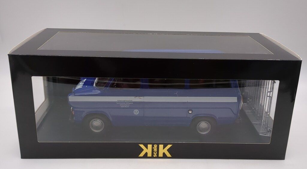 KK scale 1/18 Ford Transit Bus 1965-1970 THW Germany with roof rack darkbl 180468