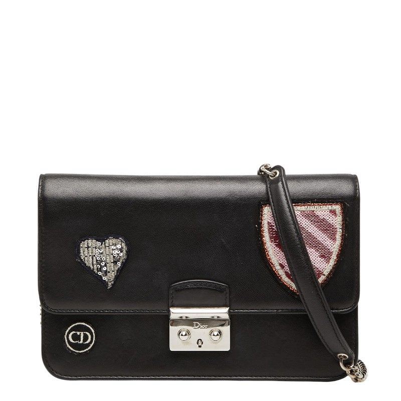 ディオール 斜め掛け チェーン パッチ ショルダーバッグ ブラック ピンク レザー スパンコール レディース Dior【1-0257272】