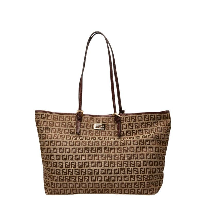 フェンディ ズッキーノ トートバッグ 8BH127 ベージュ ブラウン キャンバス レザー レディース FENDI【1-0266564】