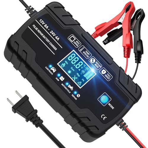 12Vと24V用鉛蓄バッテリー充電器 パルス充電器 バッテリーチャージャー トリクル充電器 メンテナンス充電 修復充電 サルフェーション除去 1.5A/4A/8A充電電流 LCD表示 車/バイク/トラックなどに適用 日本語説明書(沖縄・離島の 26b1837e