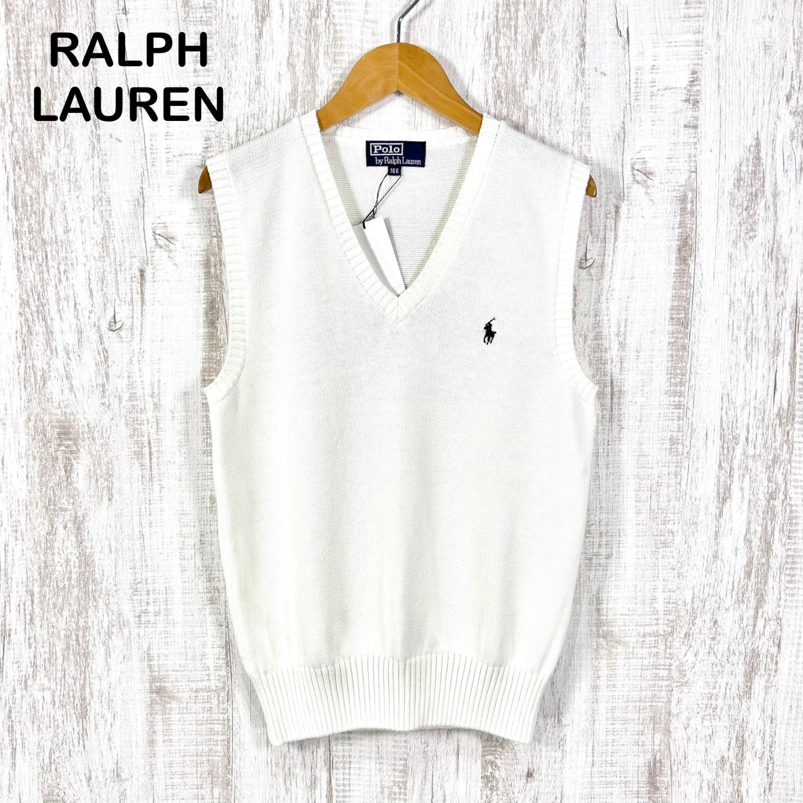 新品未使用 美品 90s Polo by Ralph Lauren ポロバイラルフローレン ポニーロゴ刺繡 Vネック コットンニット ベスト ホワイト レディース ノースリーブ トップス