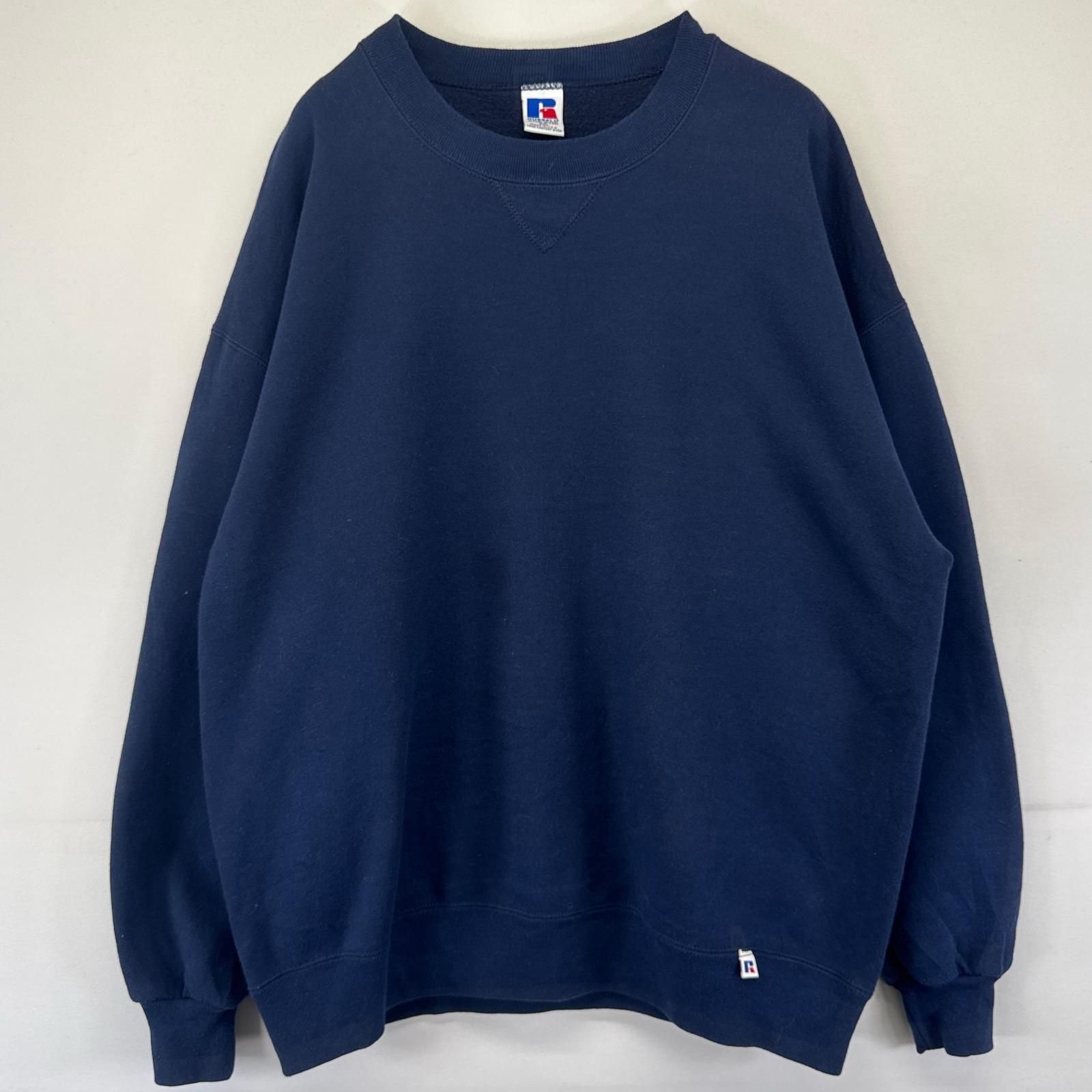 古着 90's/90年代 ラッセル USA製 スウェット トレーナー Vガゼット クルーネック 大きいサイズ 2XL ネイビー系 無地 メンズ