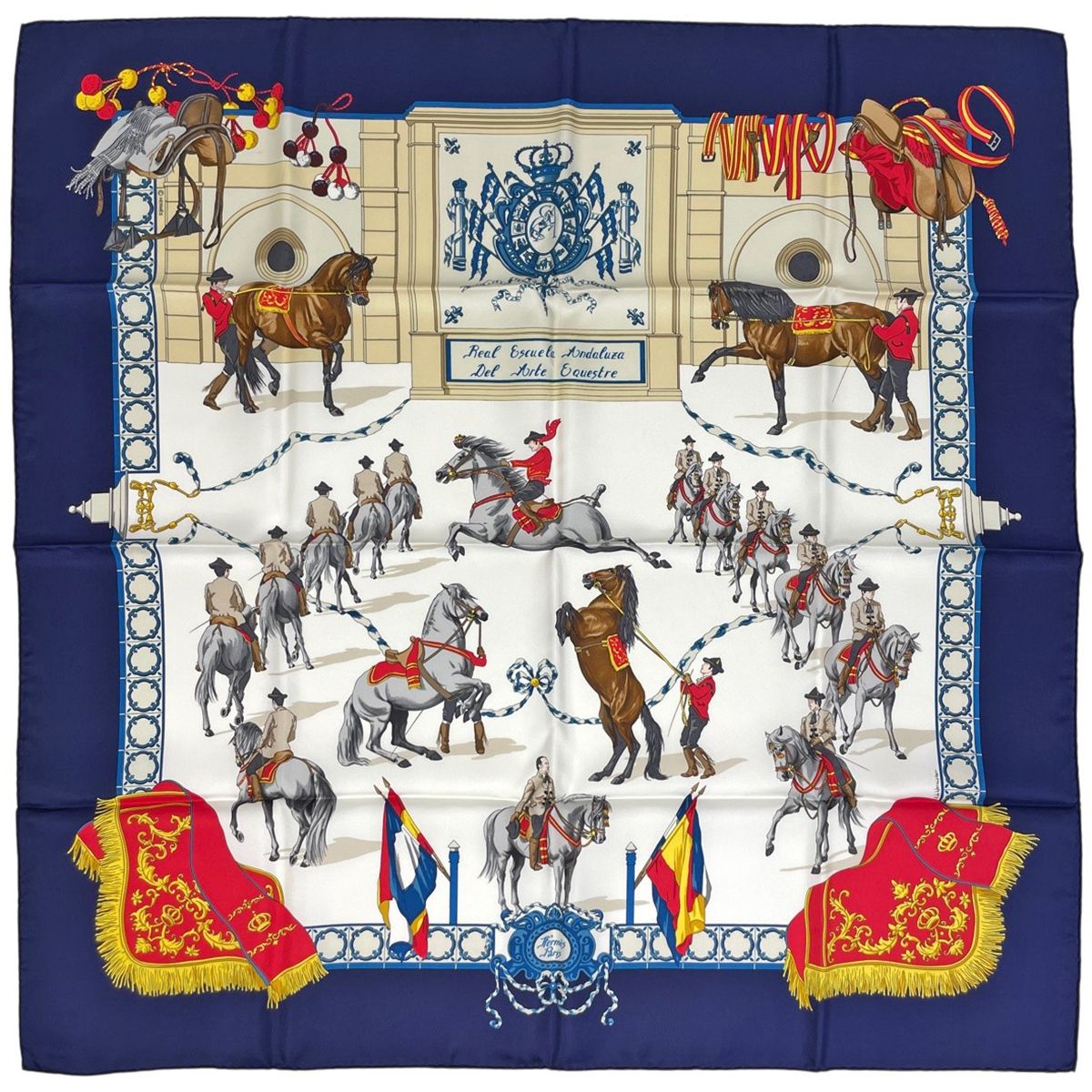 エルメス HERMES カレ90 Real Escuela Andaluza del Arte Ecuestre 王立アンダルシア馬術学校 スカーフ シルク ネイビー マルチカラー レディース 【中古】
