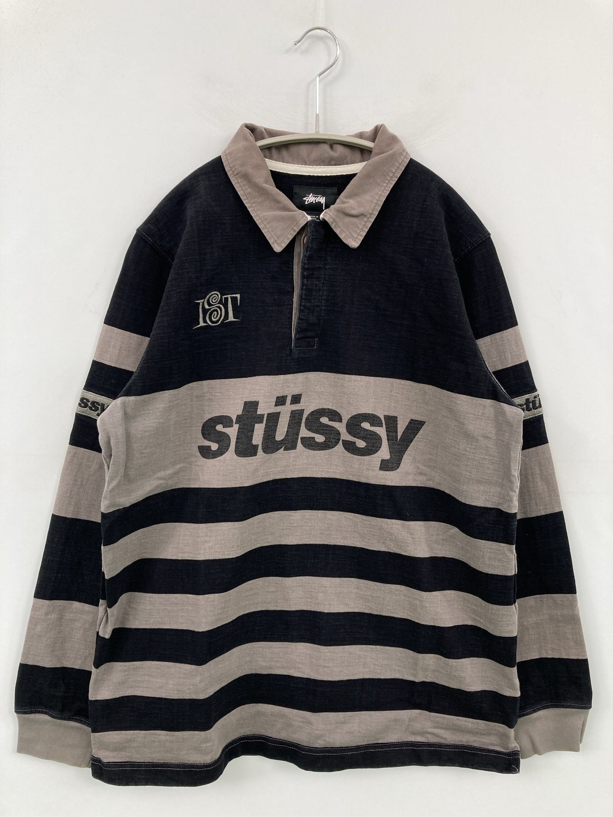 stussy ステューシー ポロシャツ M グレー ボーダー柄 ブランドロゴ 長袖