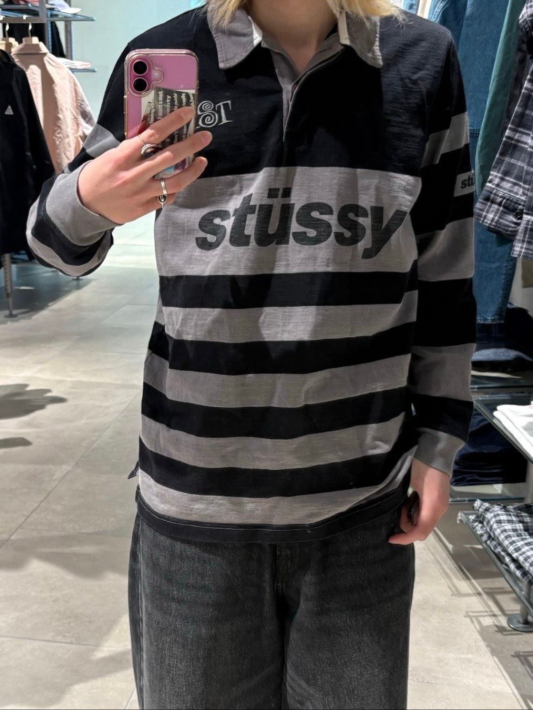 stussy ステューシー ポロシャツ M グレー ボーダー柄 ブランドロゴ 長袖