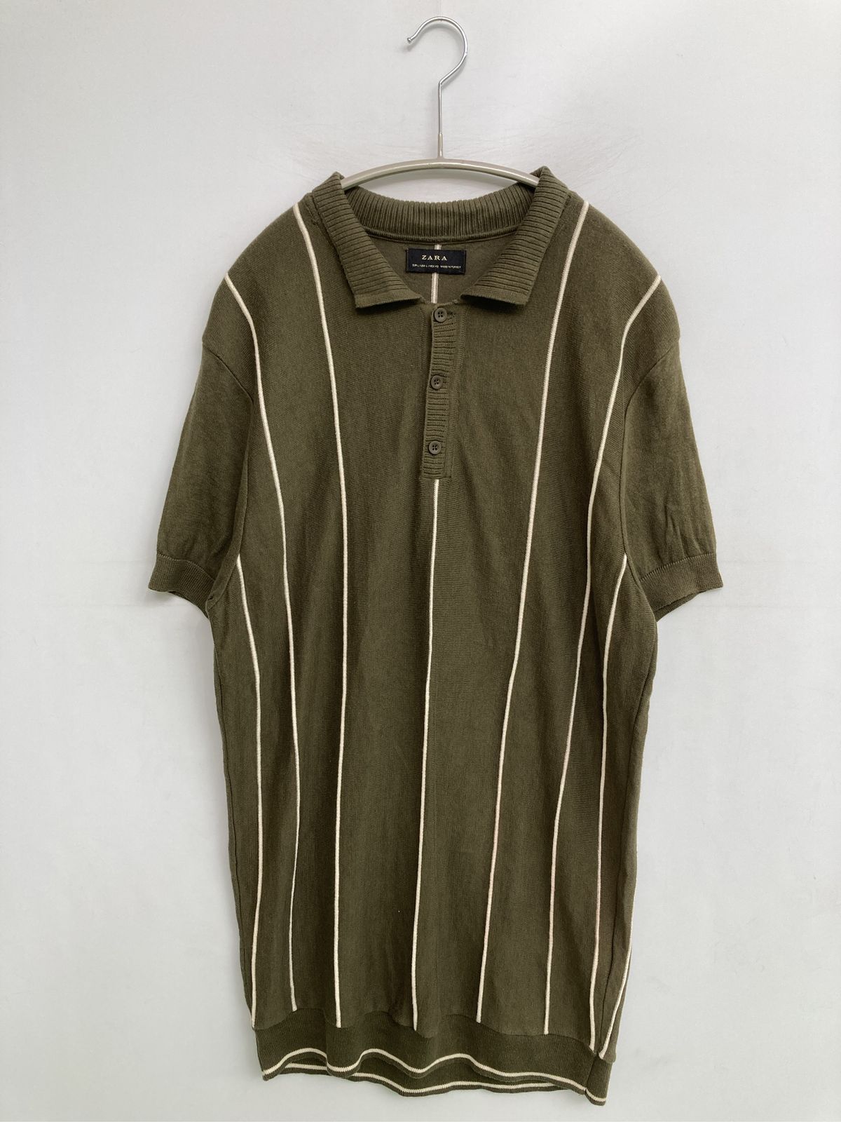 ZARA ザラ ポロシャツ USA L カーキ ストライプ柄 半袖