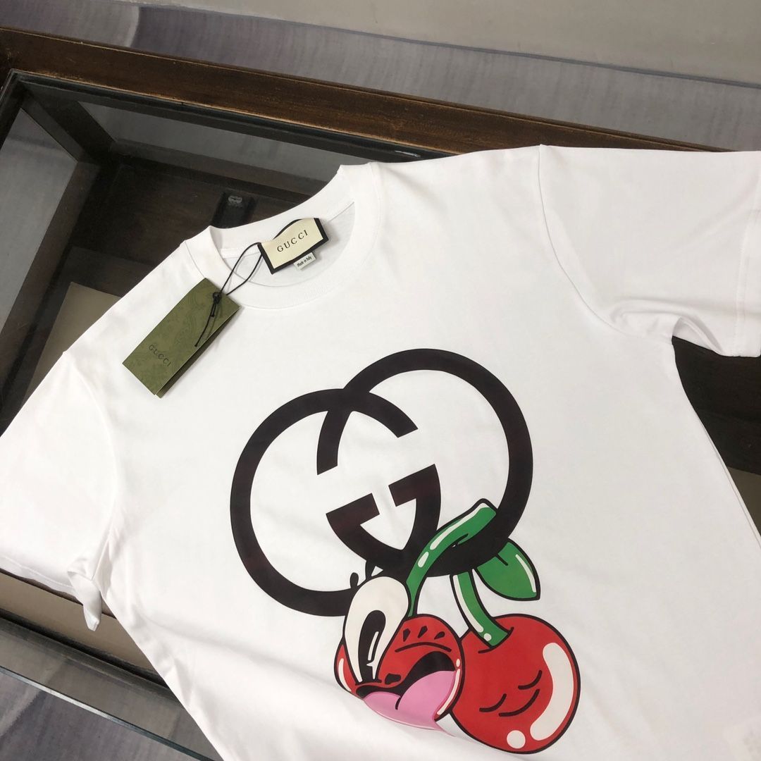 【本日限定特価】GUCCI 夏季新款 カップル用 綿100% クルーネックTシャツ ブラック/ホワイト [本日特価|新品未使用品]