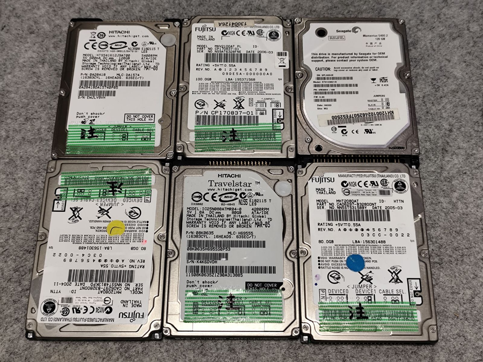 y1578 中古HDD 2.5インチ IDE 6個セット 80GB～120GB 注意、正常判定