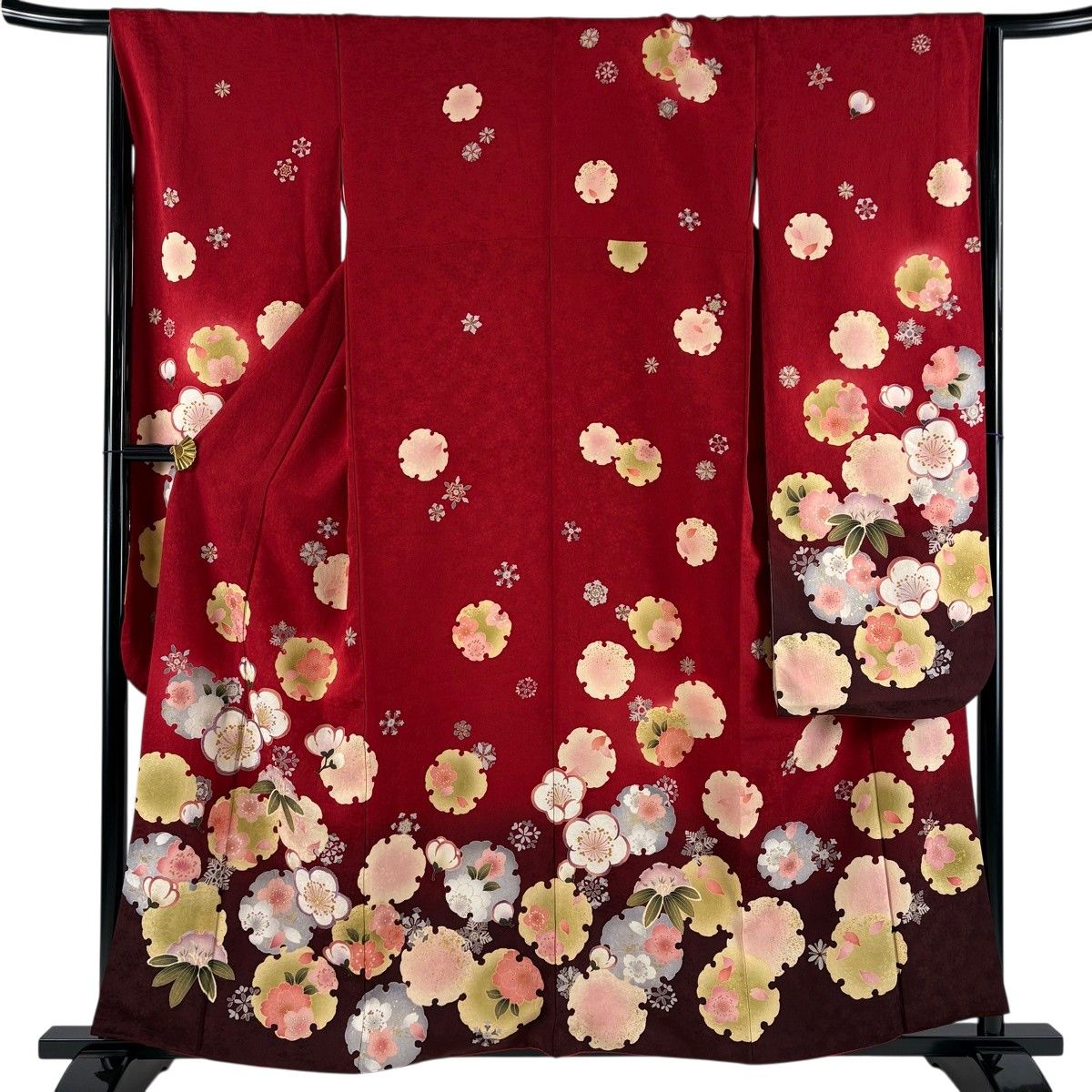 振袖 身丈157.5cm 裄丈65.5cm M 袷 山本寛斎 落款 雪輪 草花 箔 金彩 赤 正絹 名品 【中古】