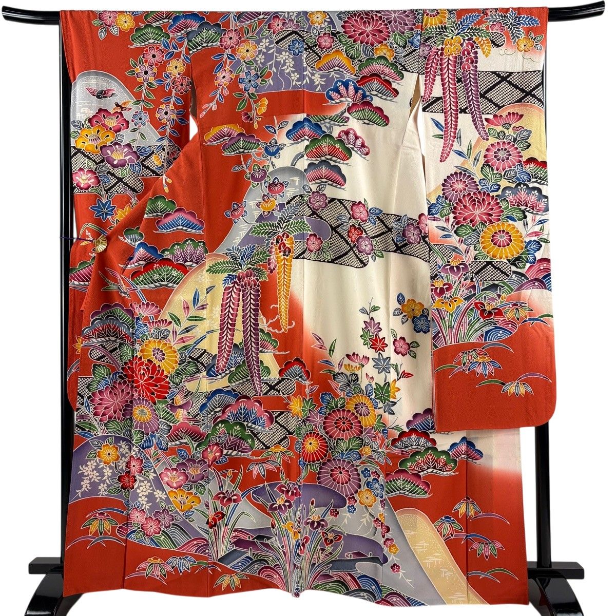 振袖 身丈164.5cm 裄丈68cm L 袷 草花 鳥 縮緬 オレンジ 正絹 名品 【中古】