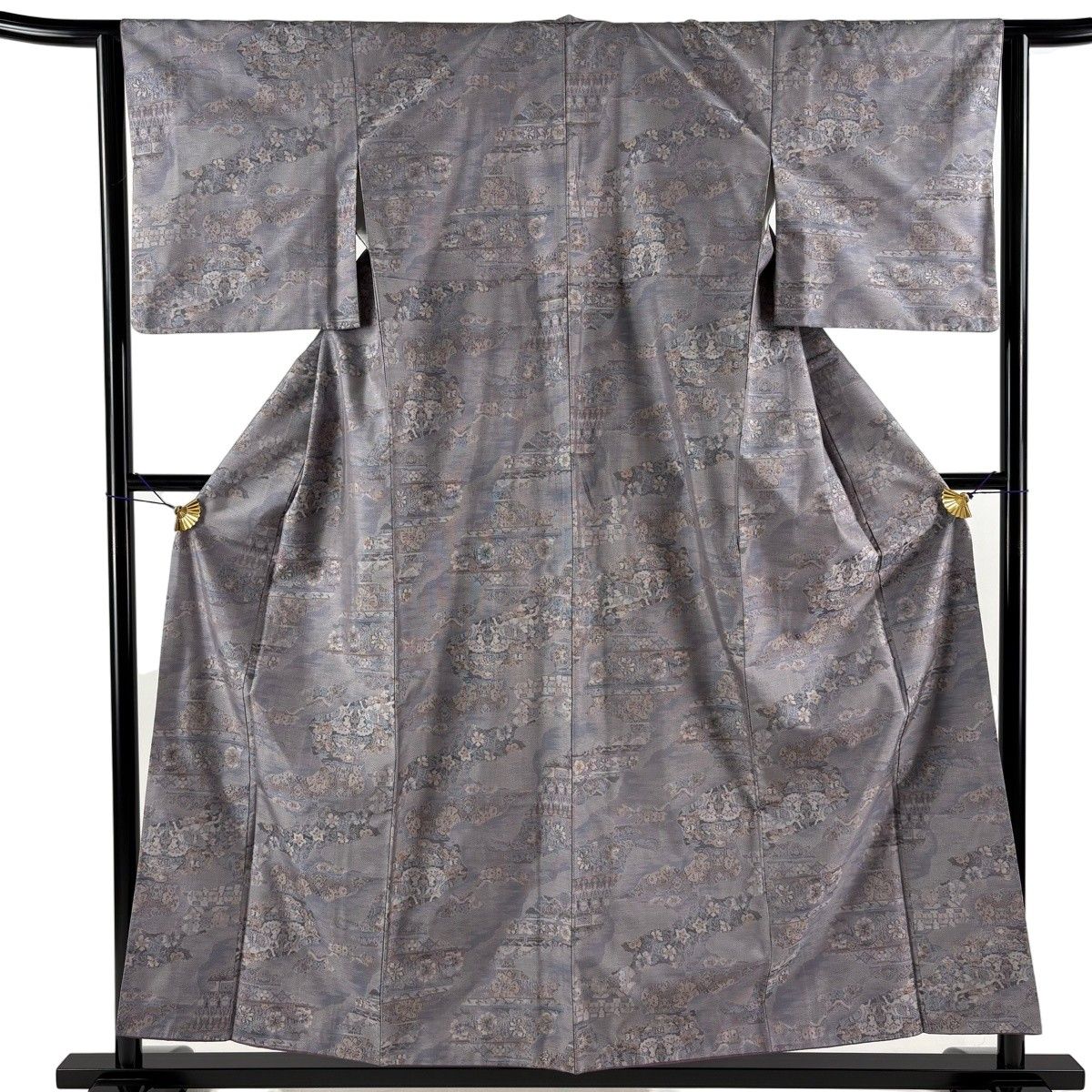 【美品】 紬 身丈155.5cm 裄丈63cm S 袷 草花 道長取り 灰紫 正絹 秀品 【中古】
