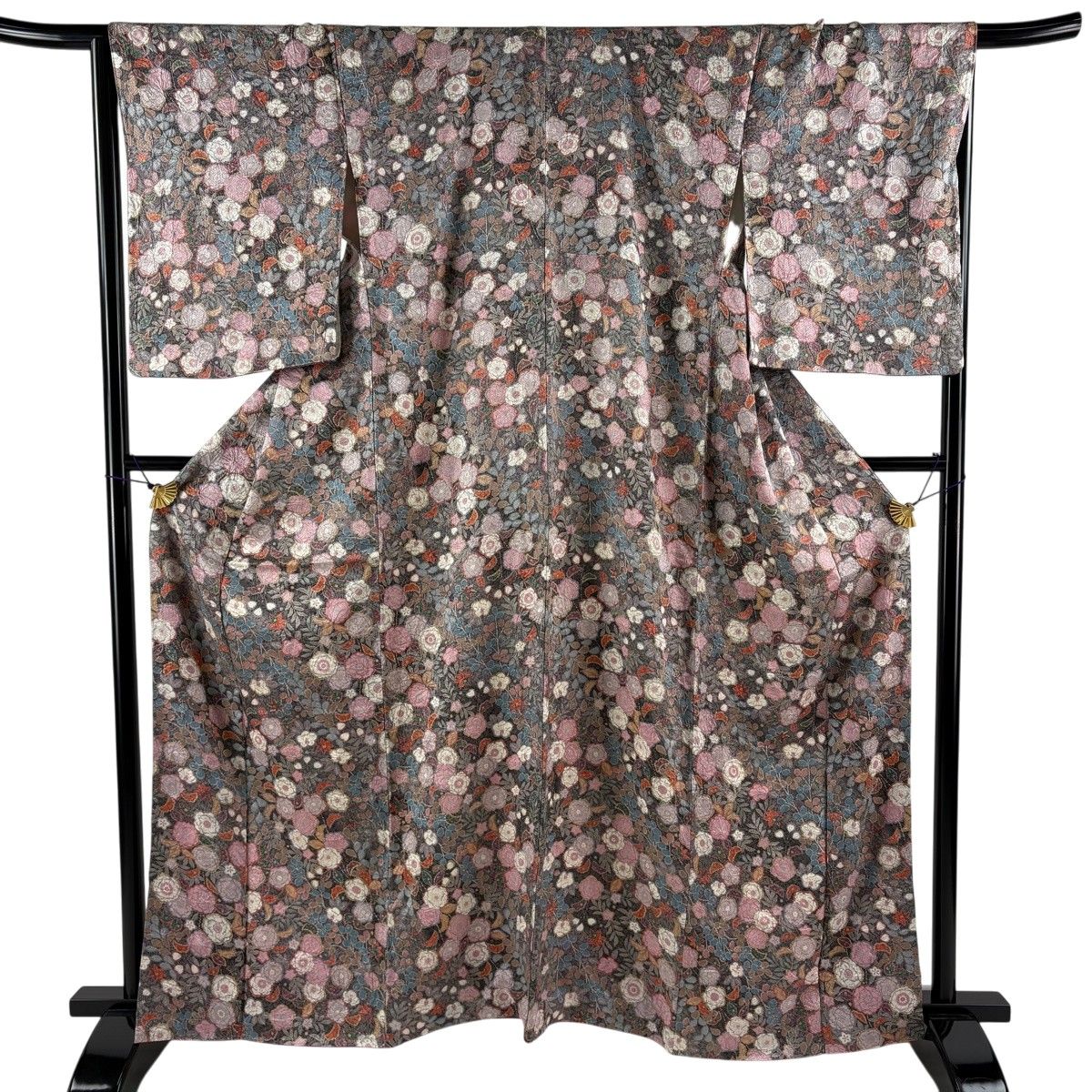 【美品】 小紋 身丈163cm 裄丈67cm M 袷 草花 地紋 金彩 灰紫 正絹 秀品 【中古】