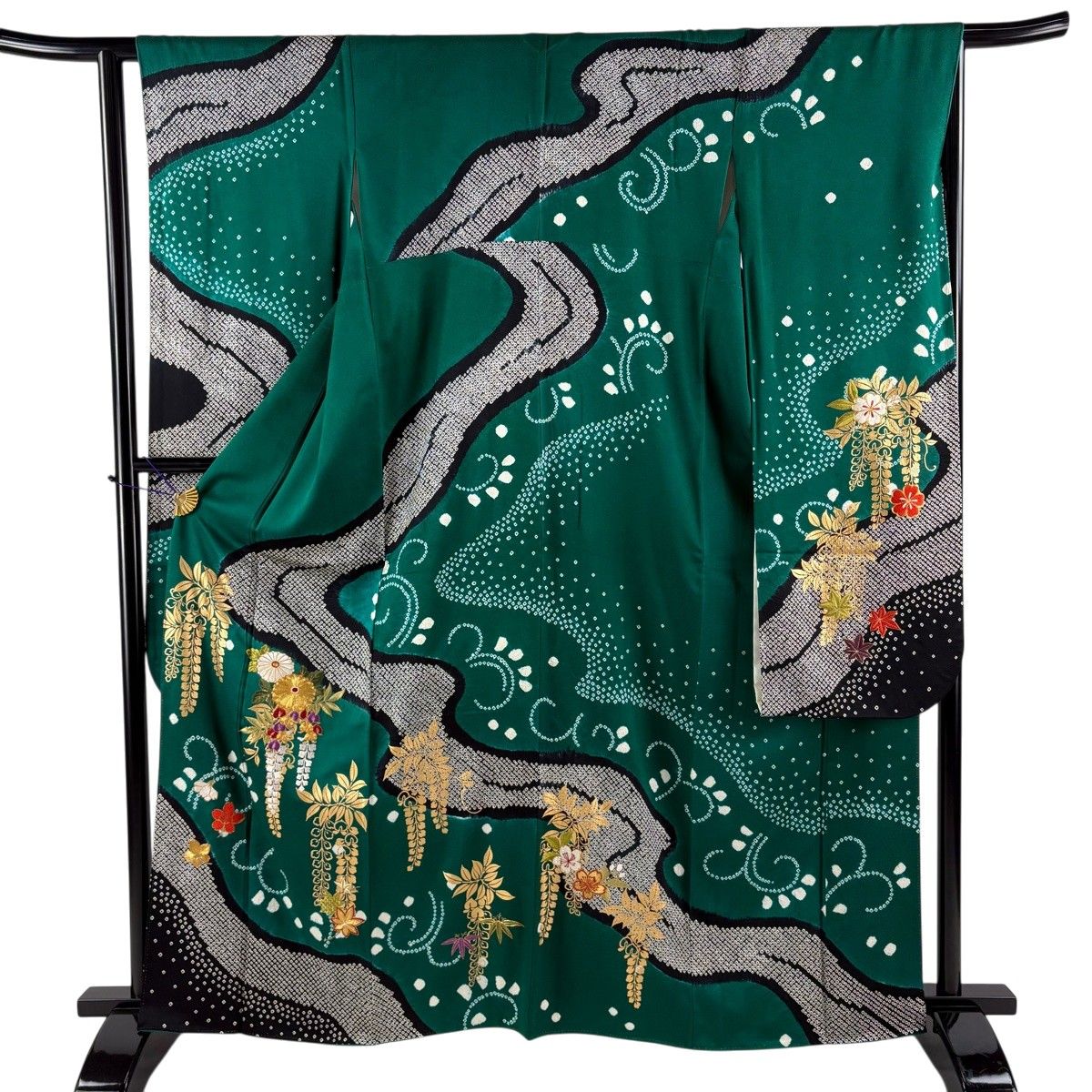 振袖 身丈162.5cm 裄丈64cm M 袷 藤 菊 金糸 絞り 緑 正絹 秀品 【中古】