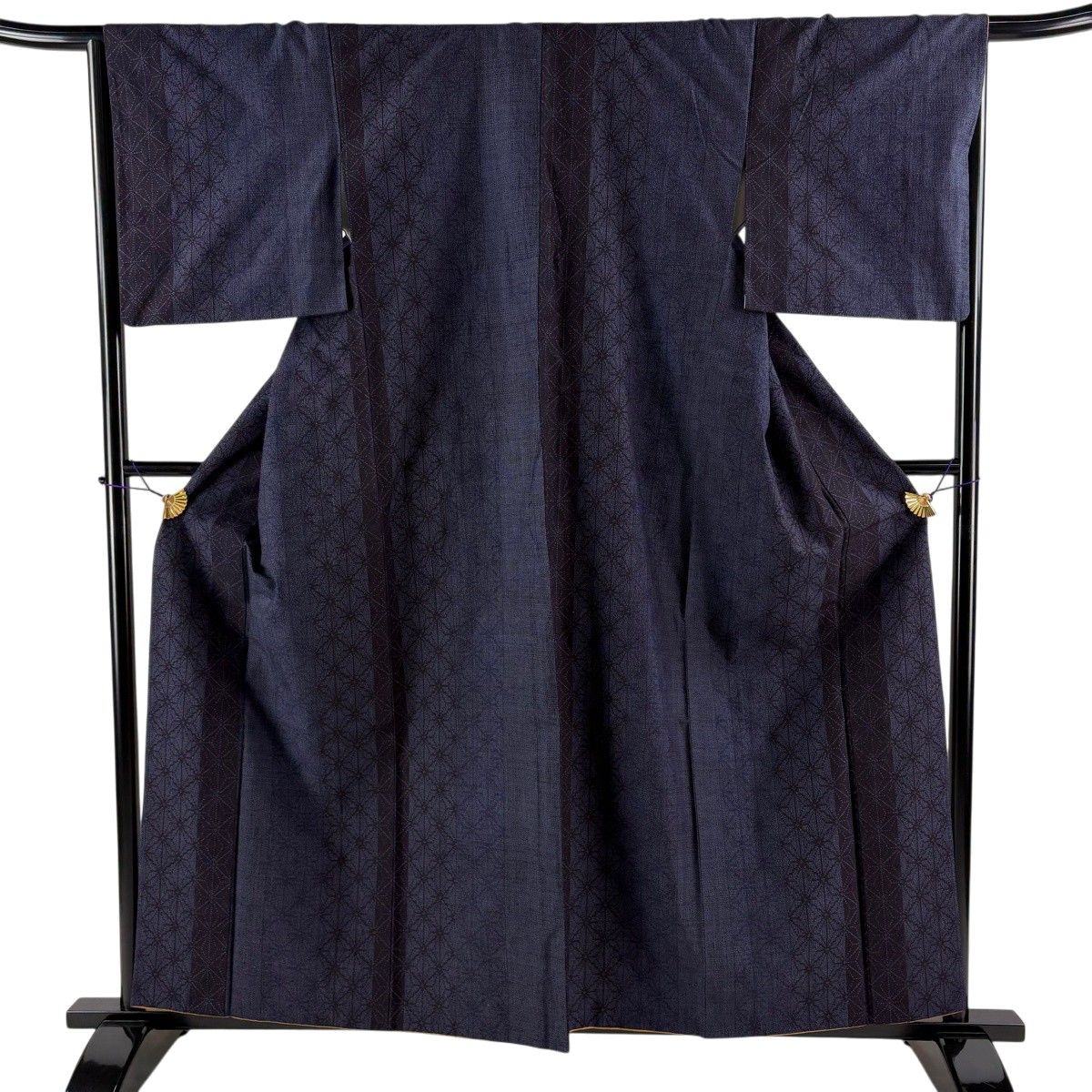 美品】 紬 身丈159cm 裄丈66cm M 袷 麻の葉 亀甲絣 濃紫 正絹 秀品 