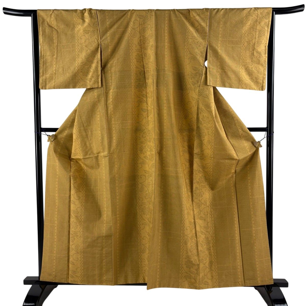 【美品】 紬 身丈160cm 裄丈66cm M 袷 草花 縞 山吹色 正絹 秀品 【中古】