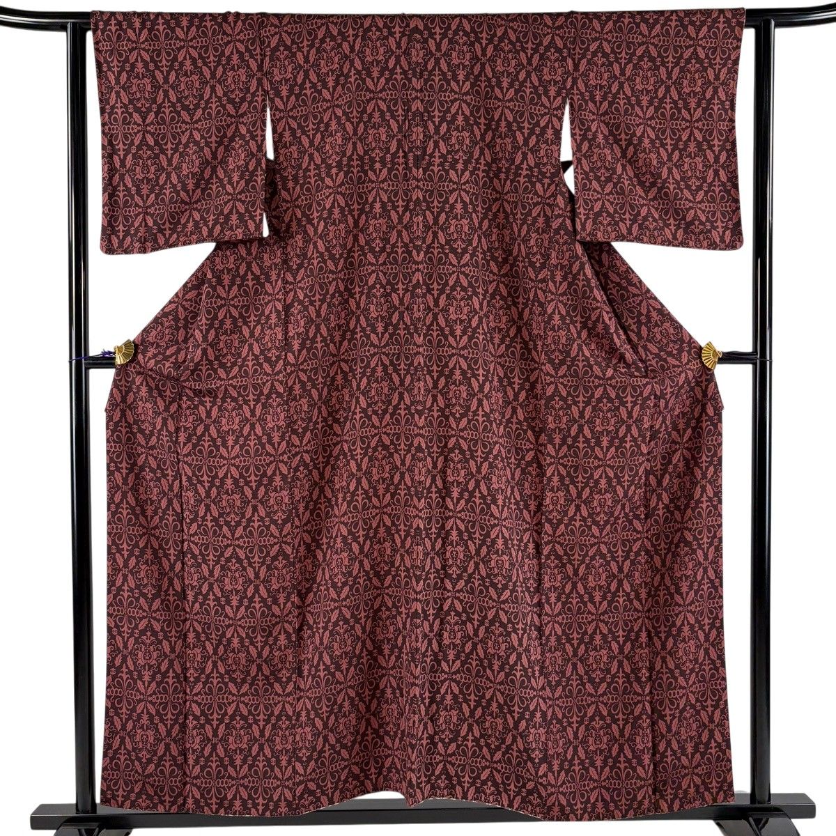 【美品】 小紋 身丈157cm 裄丈62cm S 袷 幾何学 赤紫 正絹 秀品 【中古】