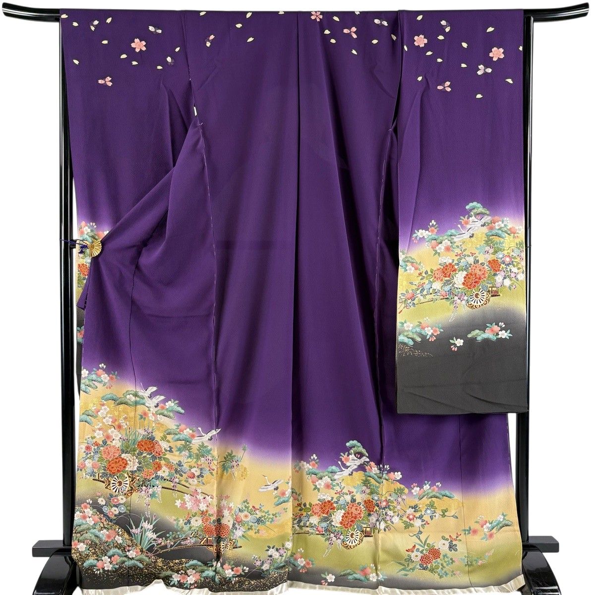 【美品】 振袖 身丈173cm 裄丈68cm 未仕立て 仮絵羽 花車 笠松 金糸 金彩 紫 正絹 秀品 【中古】
