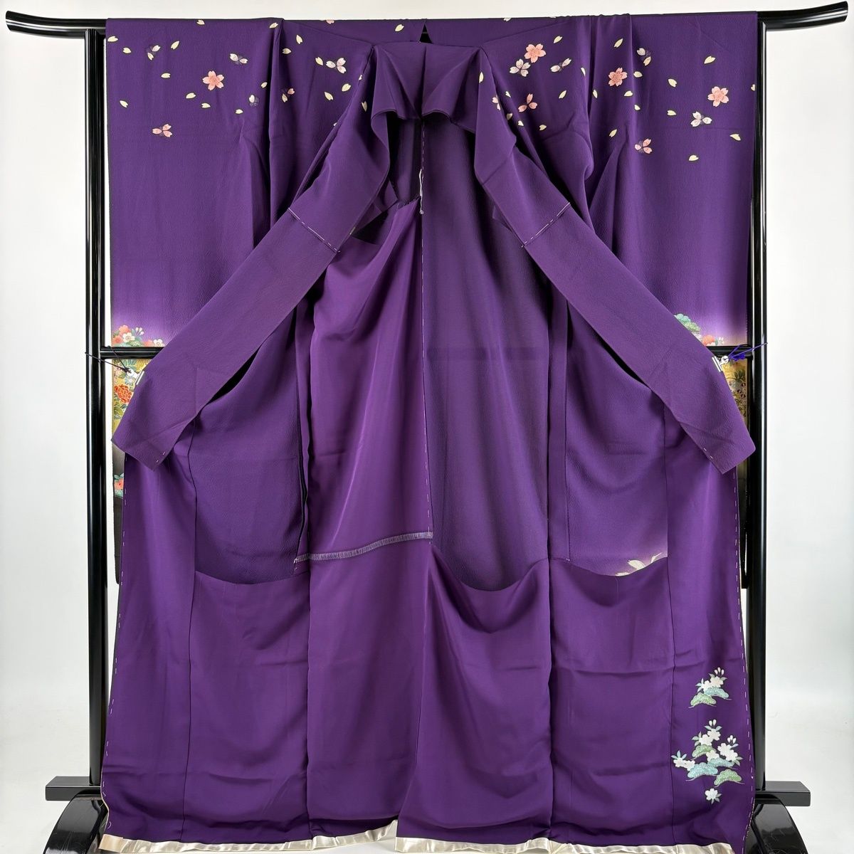 美品】 振袖 身丈173cm 裄丈68cm 未仕立て 仮絵羽 花車 笠松 金糸 金彩 